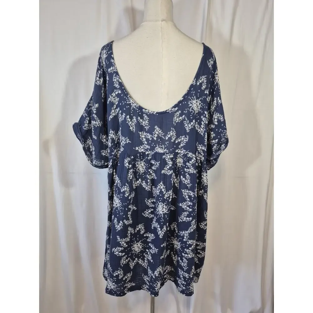 Free People Belezza Babydoll Floral Printed Blue Cotton Mini Dress Large